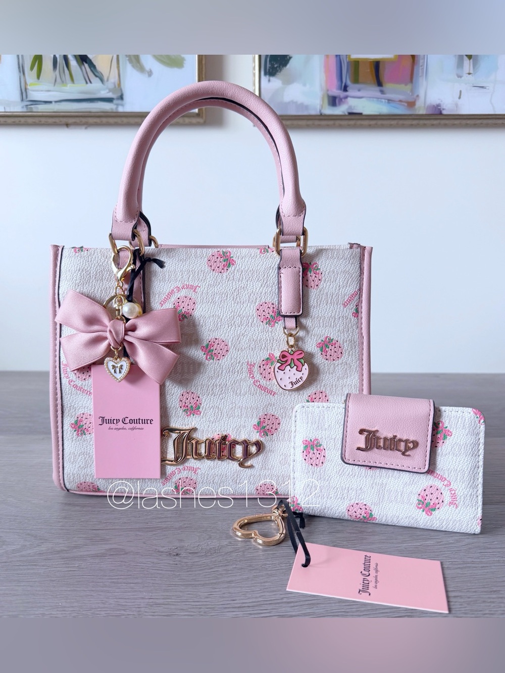 JUICY COUTURE Bag Berry Sweet Mini Tote and Wallet Set - Cream Pink Strawberry